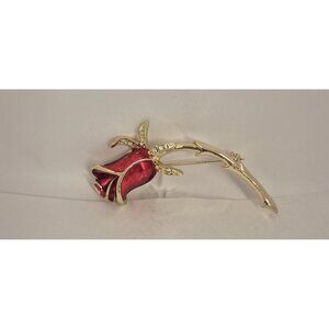 Vintage Goldtone Red Enamal Rhinestone Rose Brooch Signed L. RAZZA 2.25"